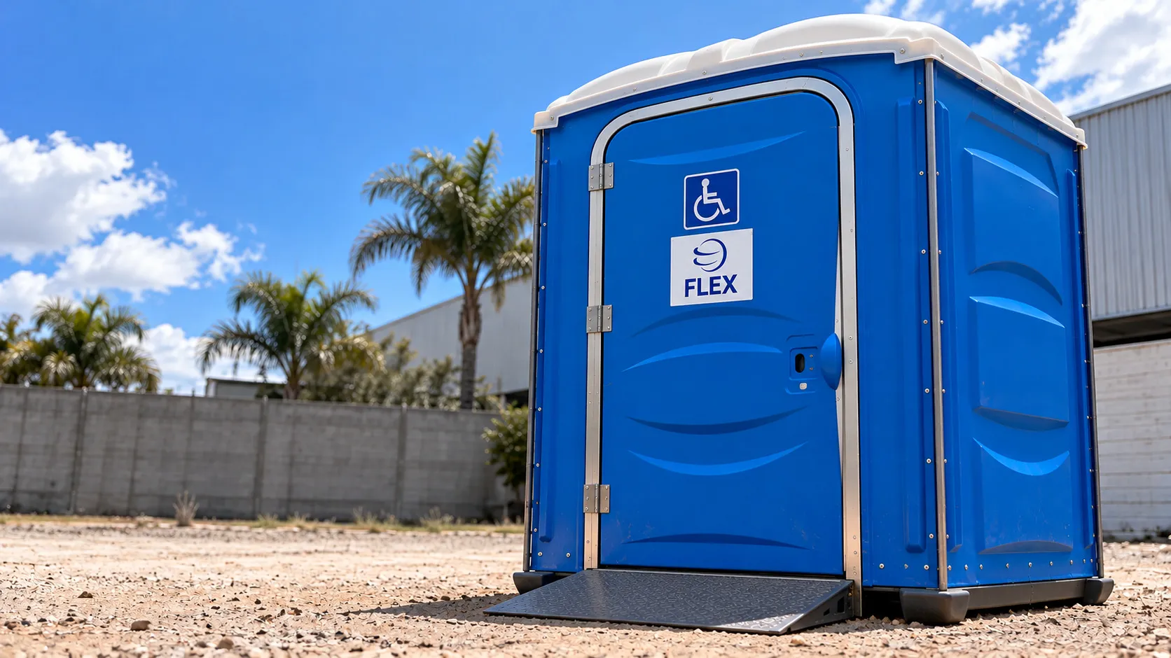 Banheiro químico PNE azul da Flex com rampa de acesso