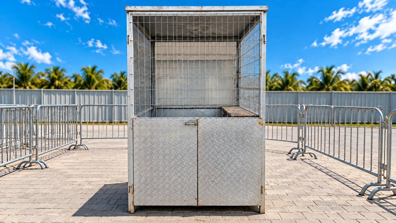Bilheteria metálica com tela de proteção, entre gradis de isolamento