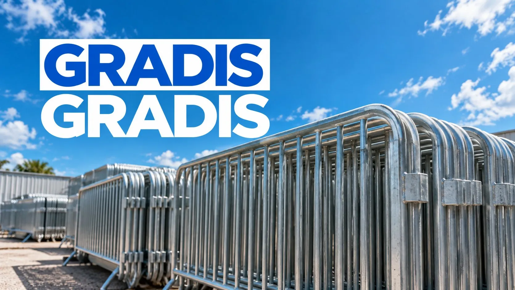Gradis de contenção alinhados com tenda montada ao fundo