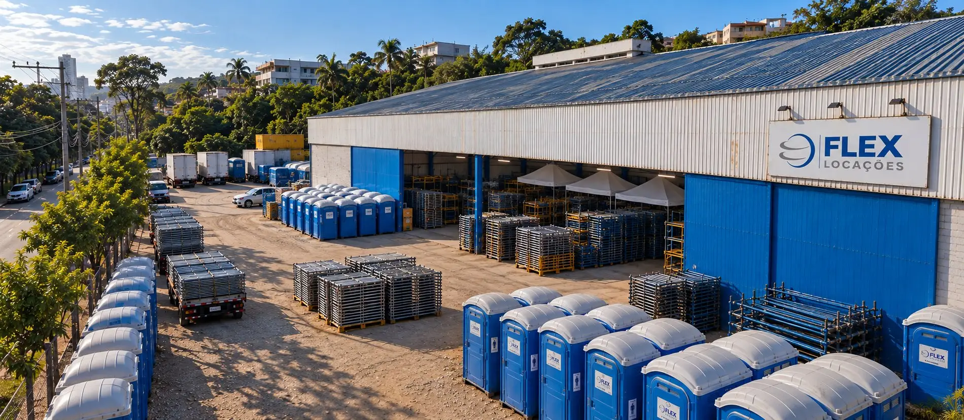 Tenda piramidal e banheiros químicos da Flex instalados em canteiro de obras, com equipe trabalhando sob a cobertura