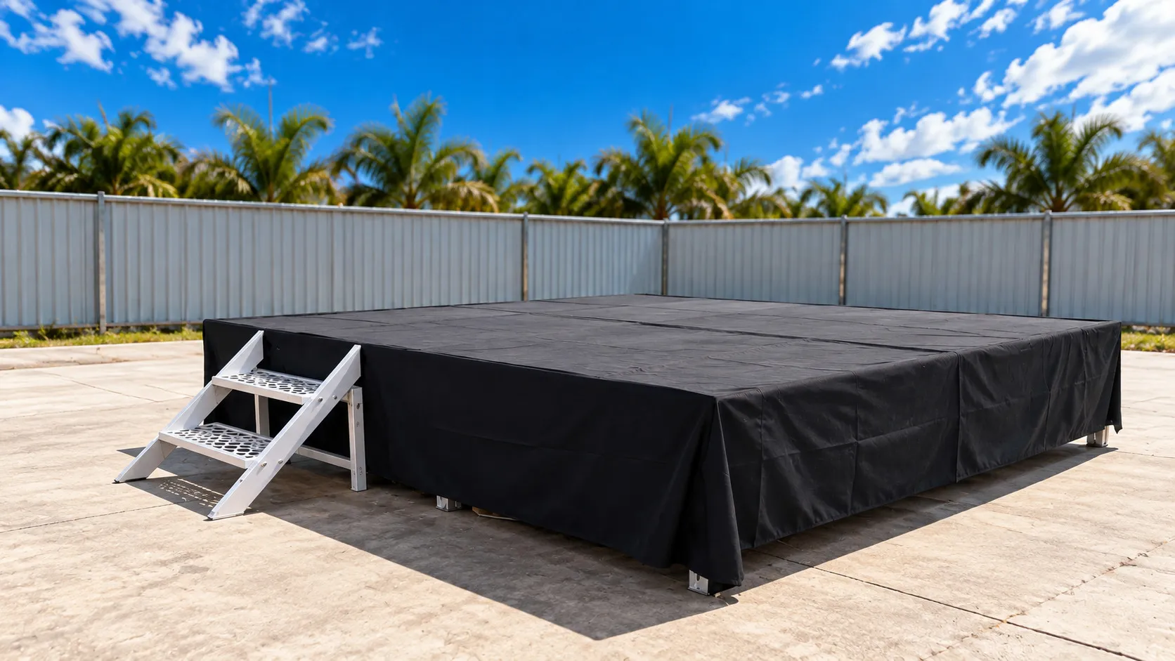 Palco com saia preta e escada lateral montado em pátio aberto