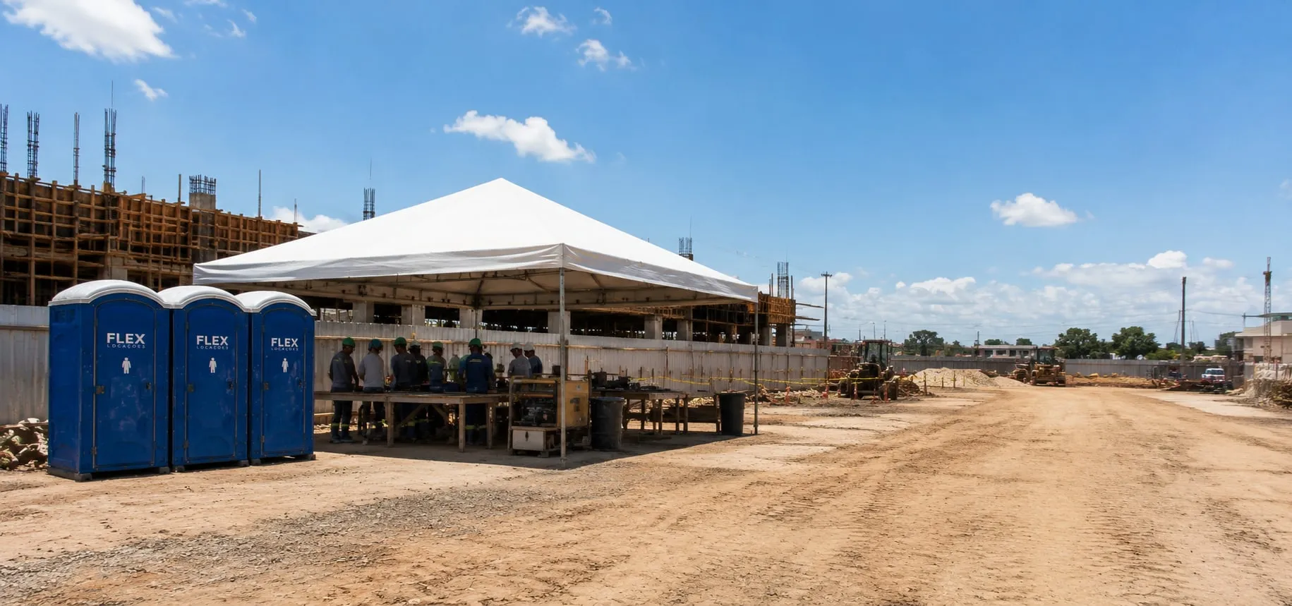Banheiros químicos e tenda piramidal da Flex em canteiro de obra, com a equipe trabalhando sob a tenda
