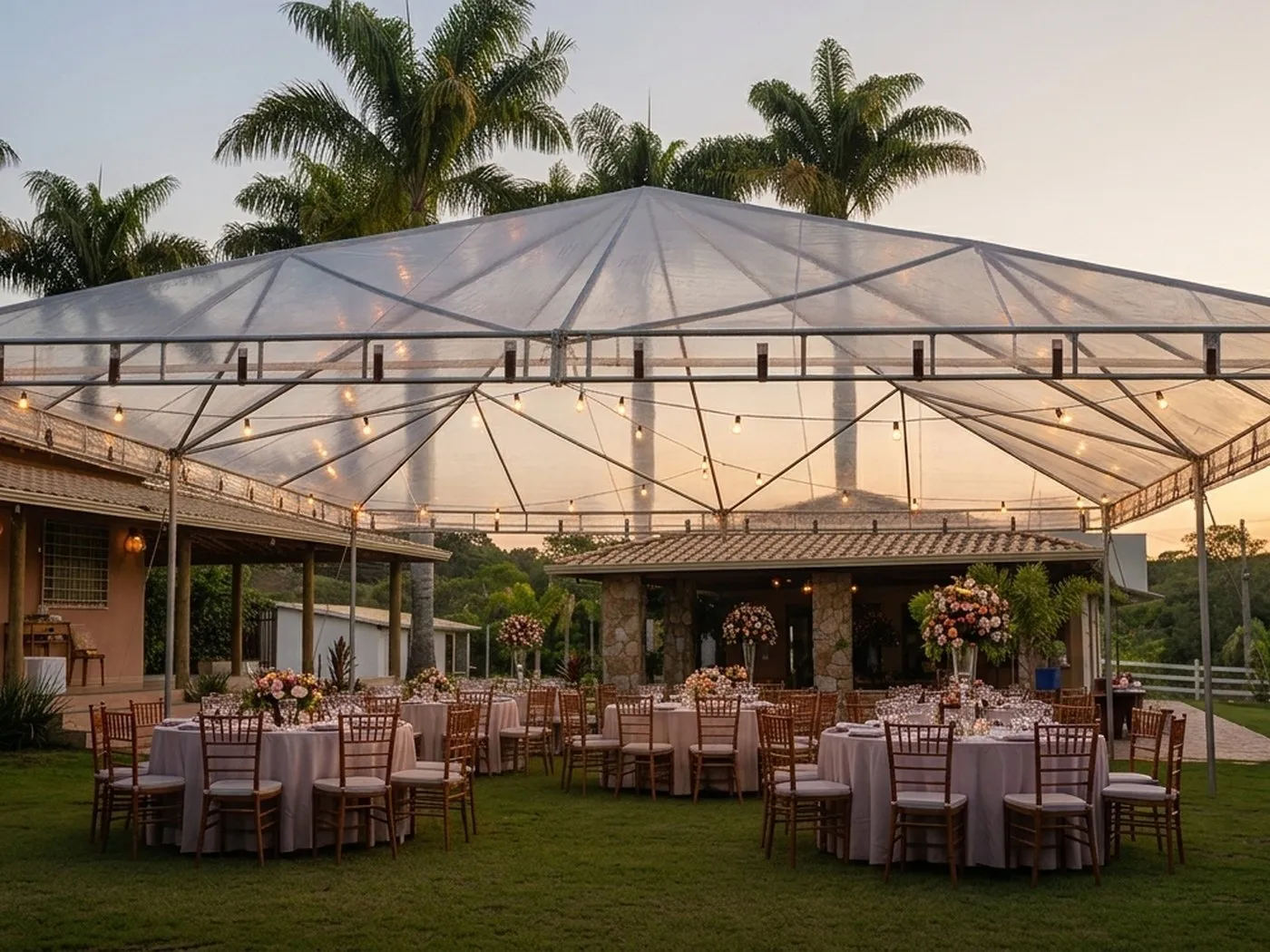Tenda cristal montada para recepção de casamento ao entardecer